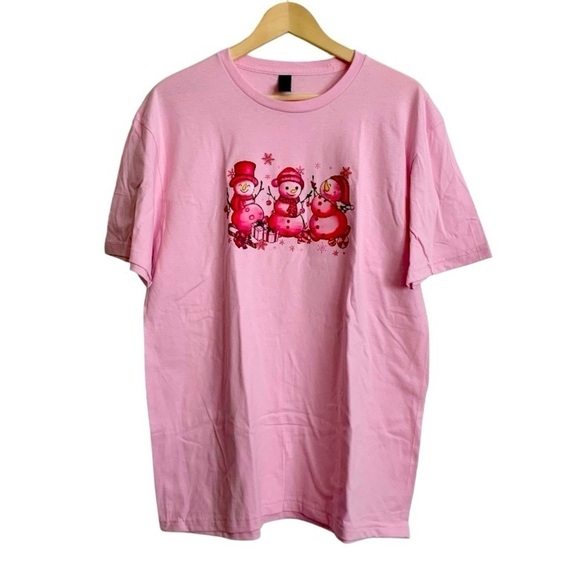 SALE! GILDAN Soft-Style Pink Snowman T-Shirt Large NEW - Picture 1 of 5